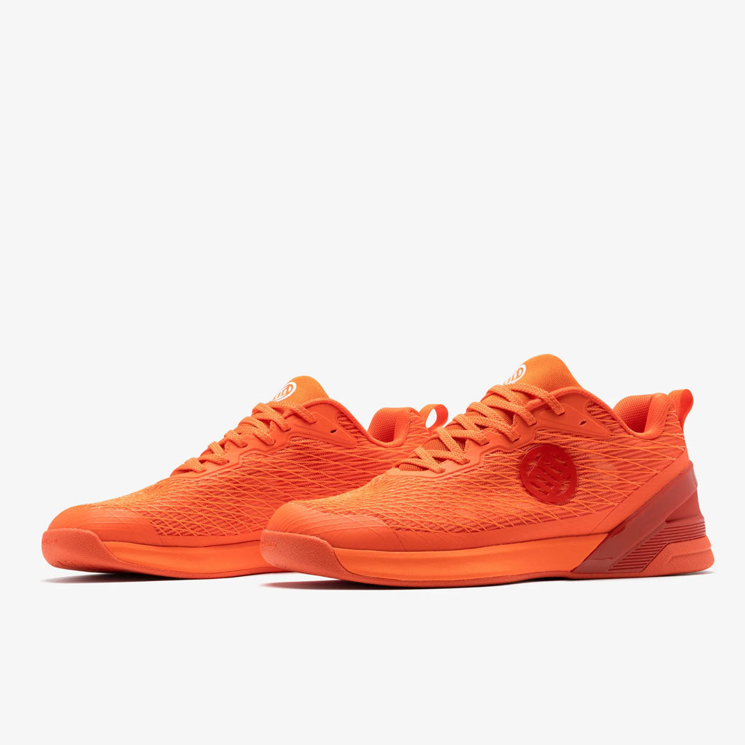 pair of bright orange sneakers shoes for weight lifters