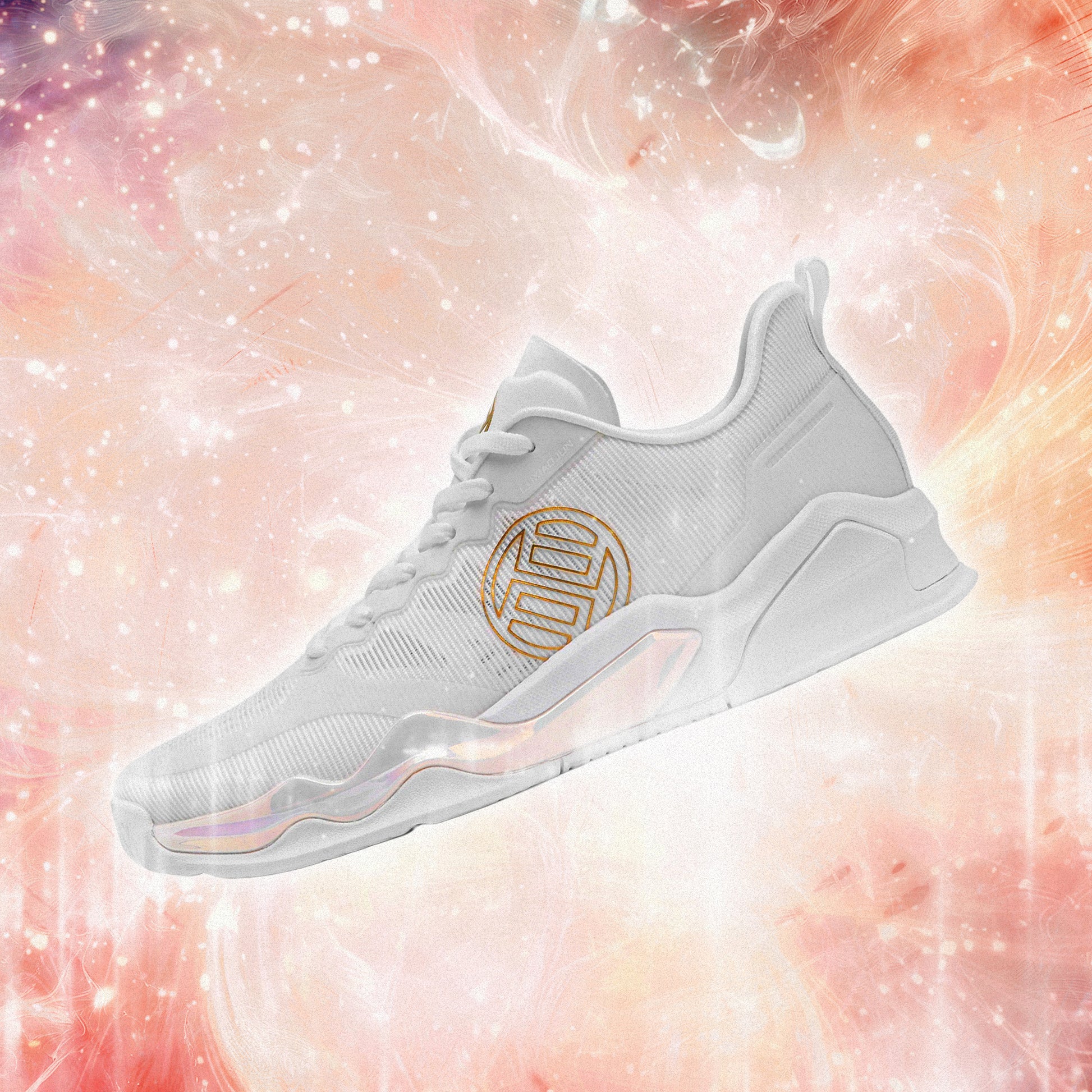 White sneaker shoe with gold logo