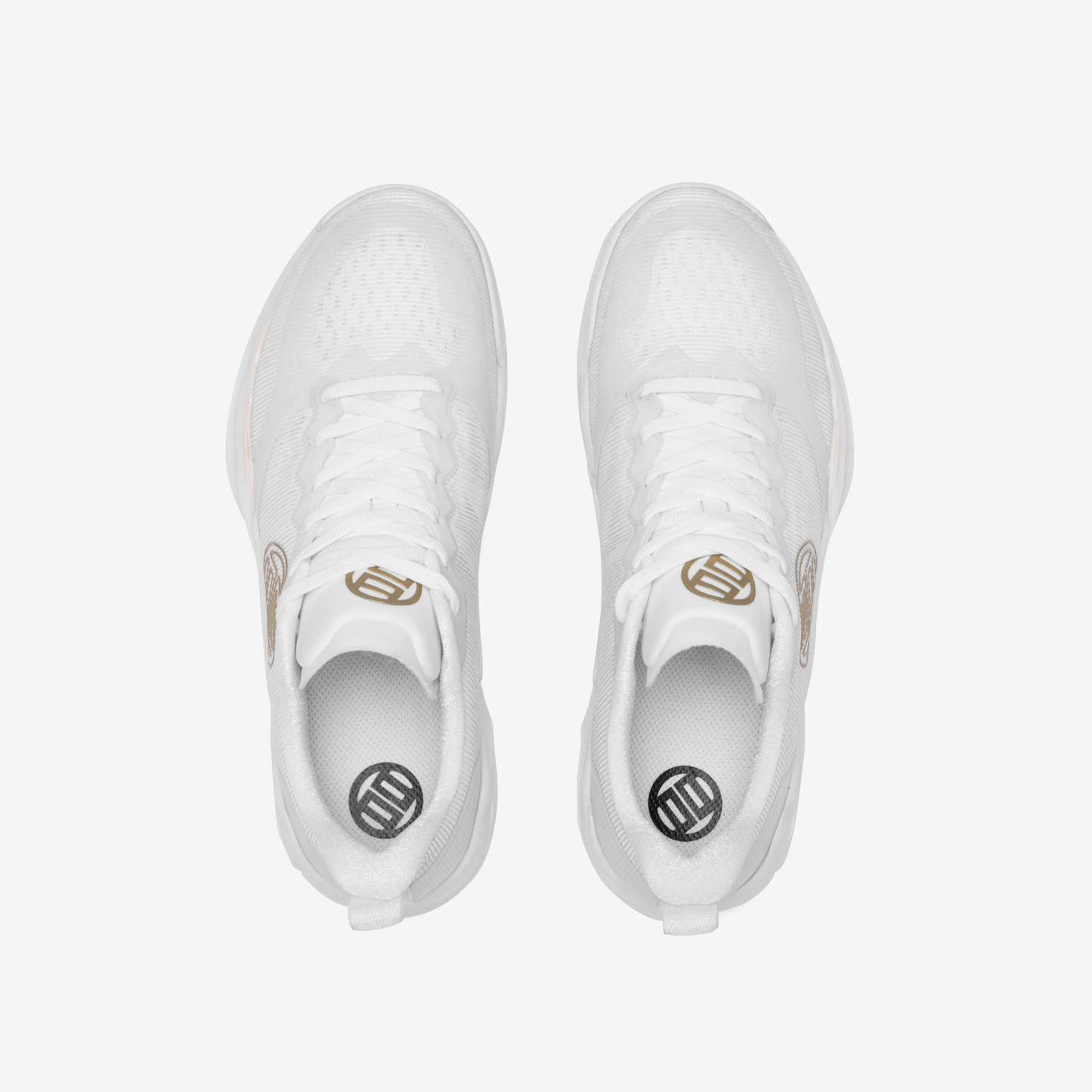 Pair of white sneakers shoes with brand logos ideal for weight lifting or training