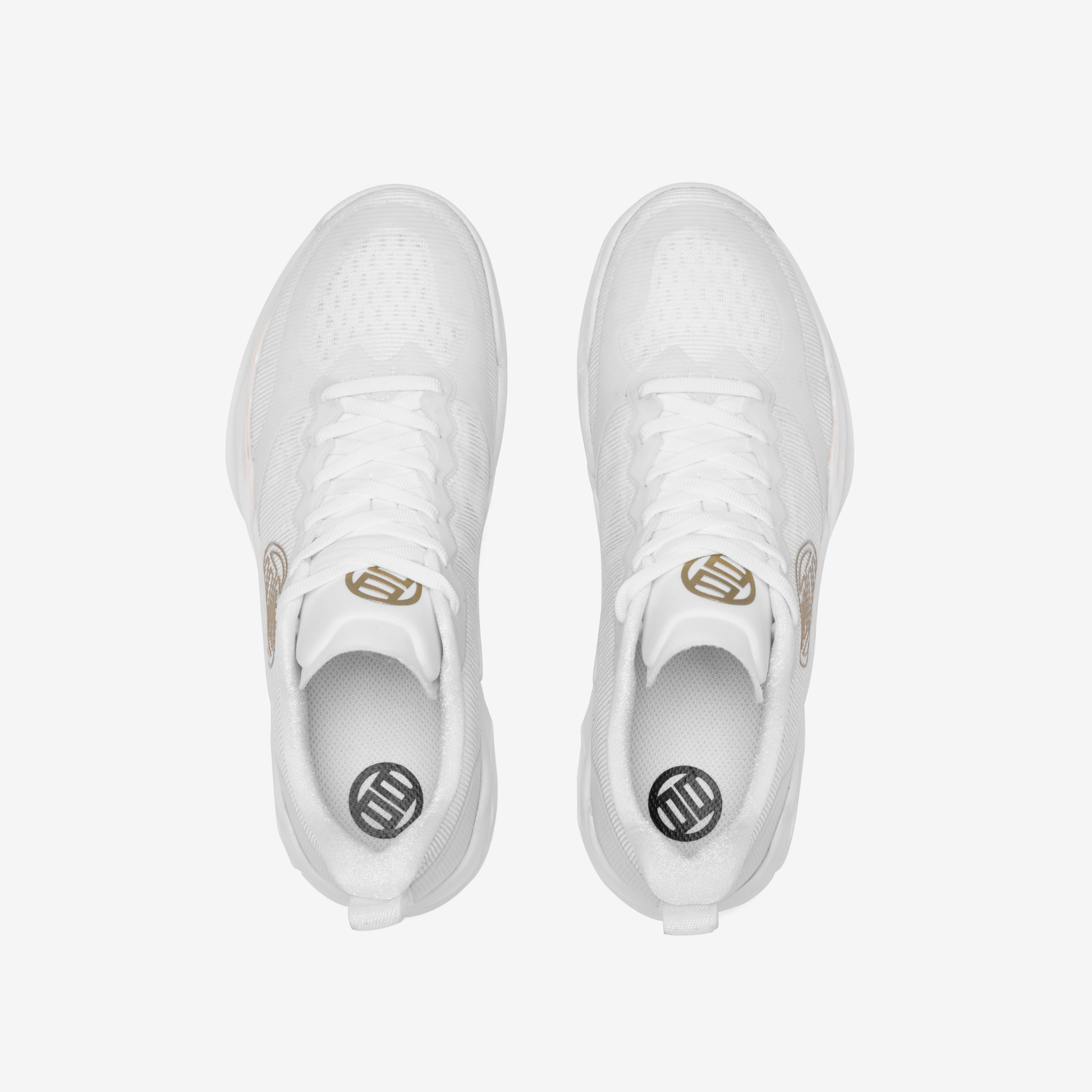 Pair of white sneakers shoes with brand logos ideal for weight lifting or training