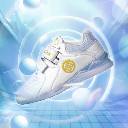 white sneaker with a yellow logo weight lifting shoes
