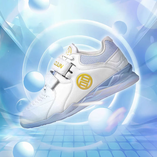 white sneaker with a yellow logo weight lifting shoes